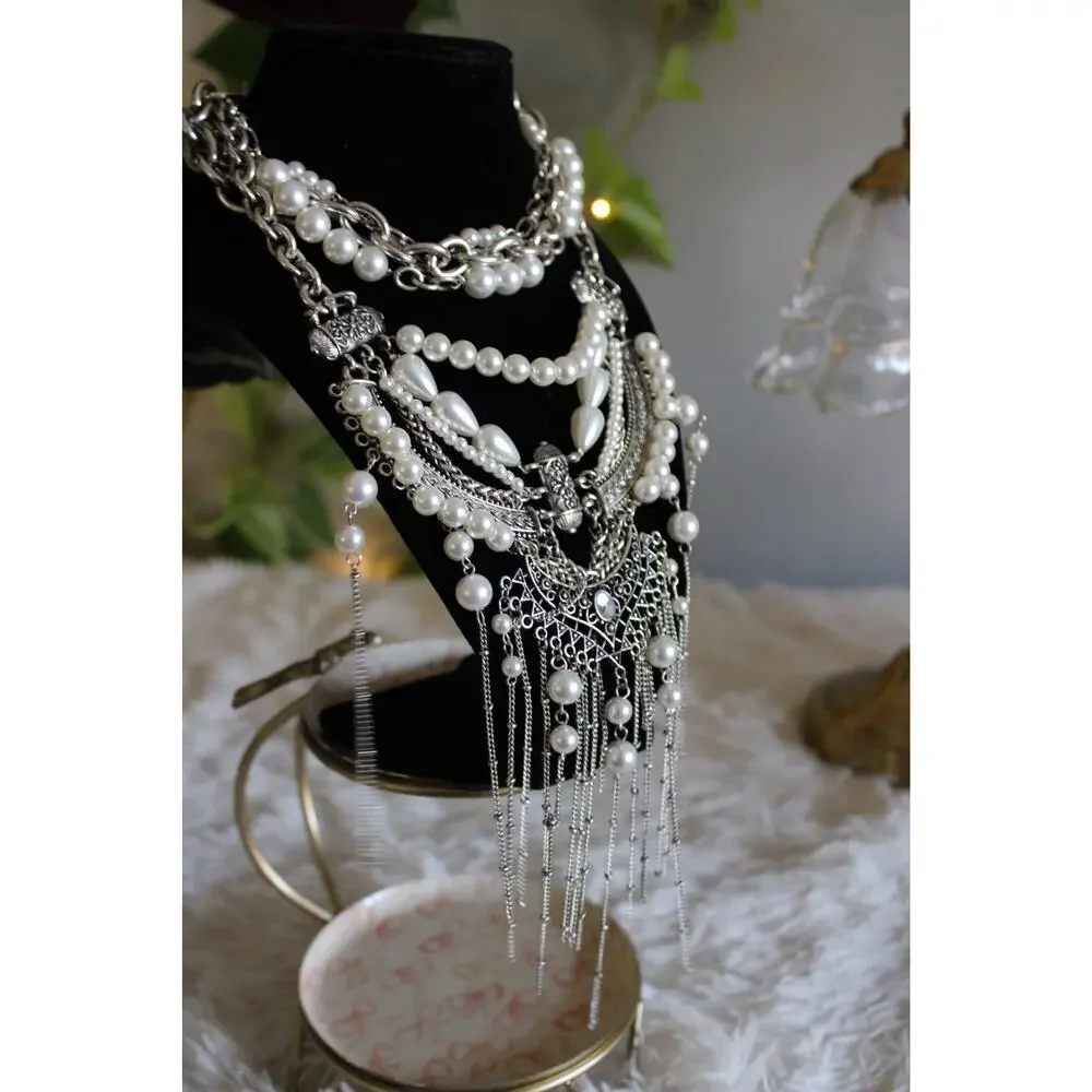 Free People Silver Pearl Statement Bib Necklace Boho Layered Fringe msrp 99